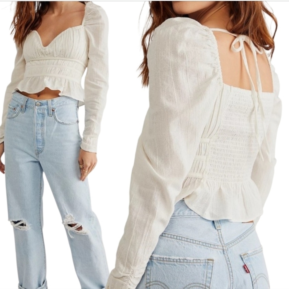 NWT Free People Chloe White Smocked Tie Neck Puff Sleeve Top M - Picture 15 of 16